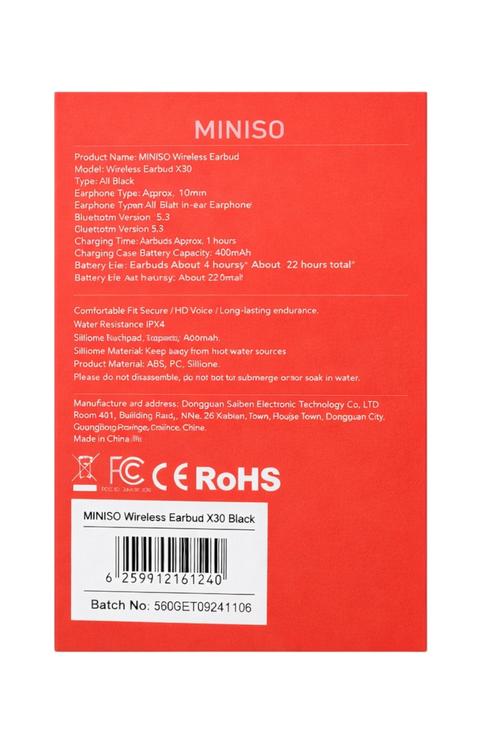 New Miniso Wireless Earbud Bluetooth 5.5, HD Voice, Comfortable Fit Black X30
